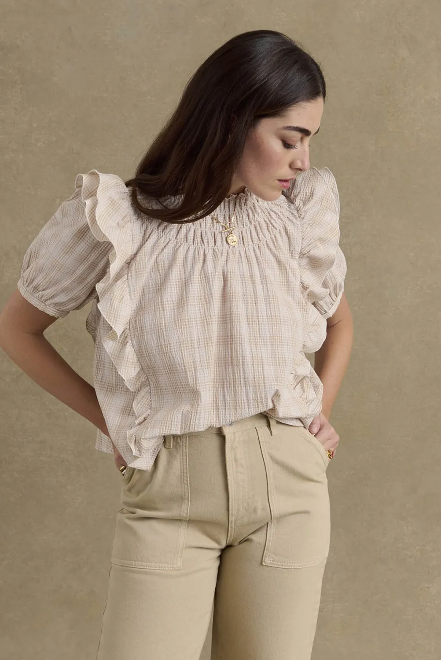 Chemises Et Blouses|Balzac Blouse Amia Carreaux Beige Et Blanc