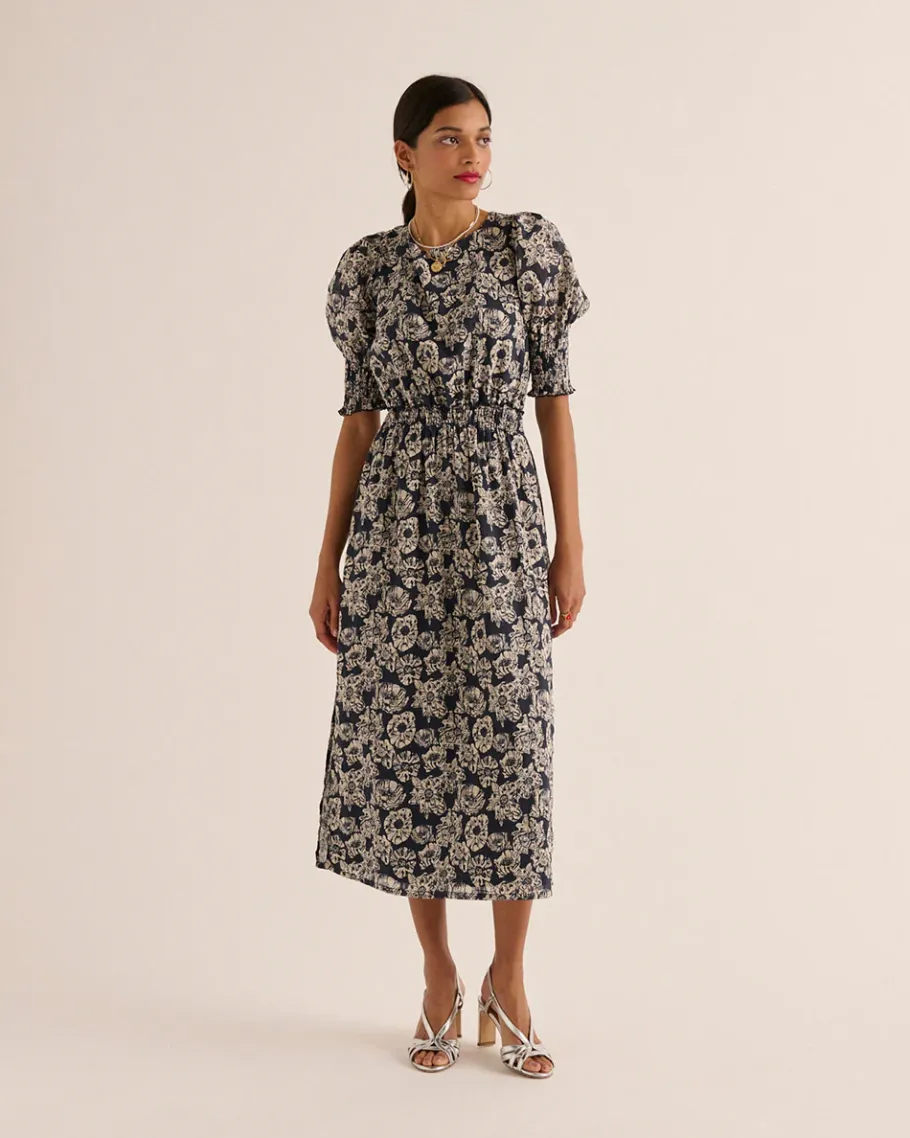 Robes|Balzac Robe Celesta Imprime Flower Party Rayures Marine Et Ecru