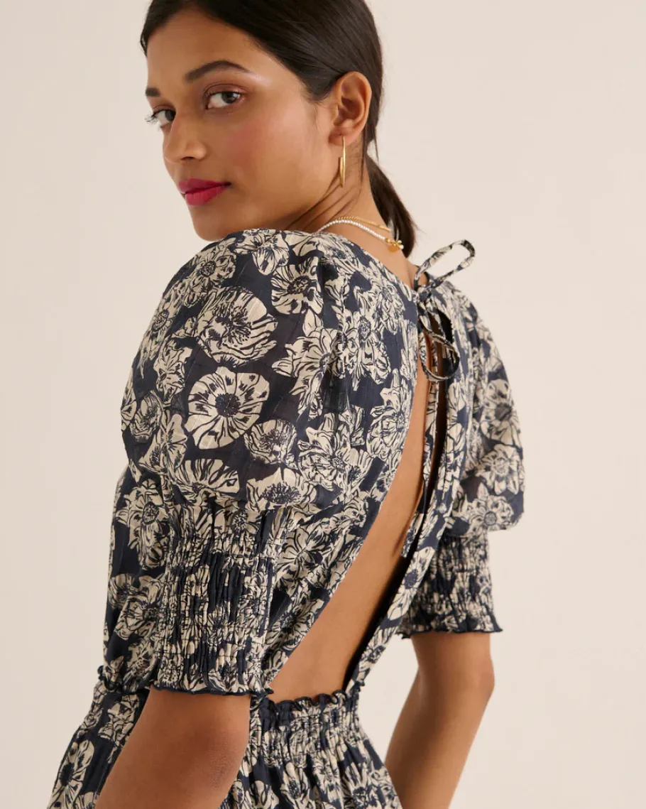 Robes|Balzac Robe Celesta Imprime Flower Party Rayures Marine Et Ecru